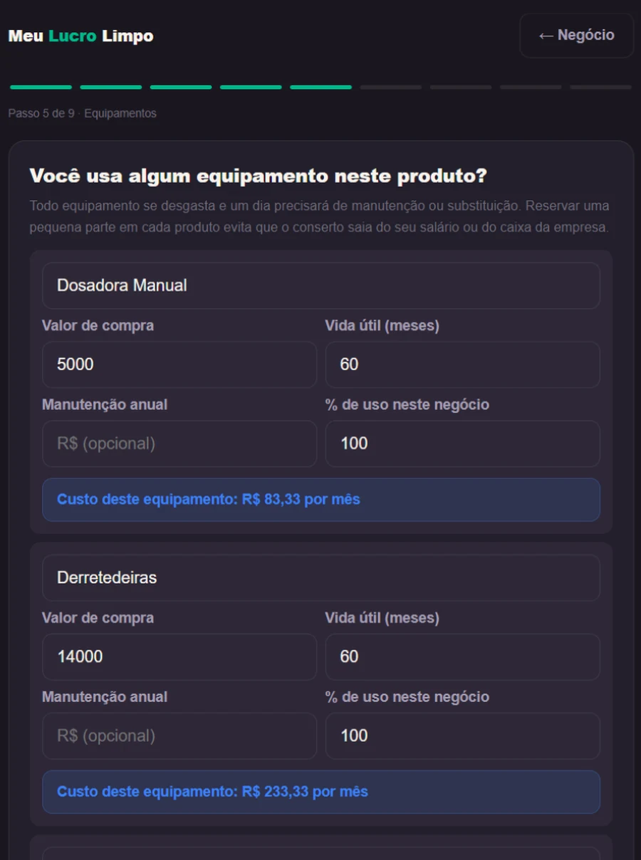 Tela de cadastro de equipamentos no Meu Lucro Limpo