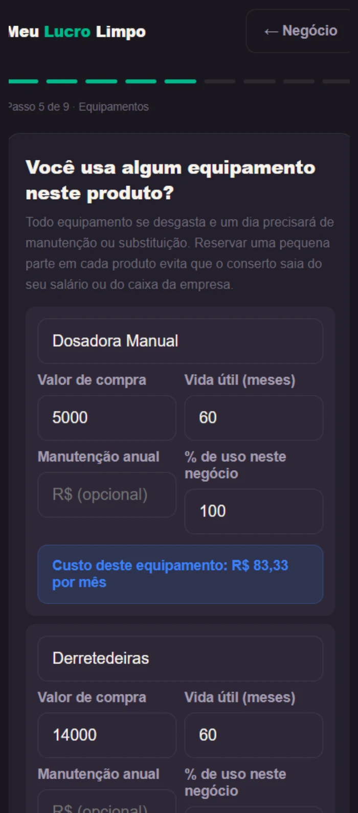 Tela de cadastro de equipamentos no celular
