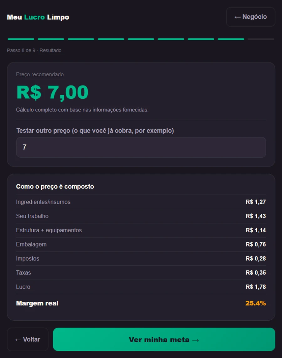 Tela de resultado do Meu Lucro Limpo mostrando preço recomendado e composição do custo