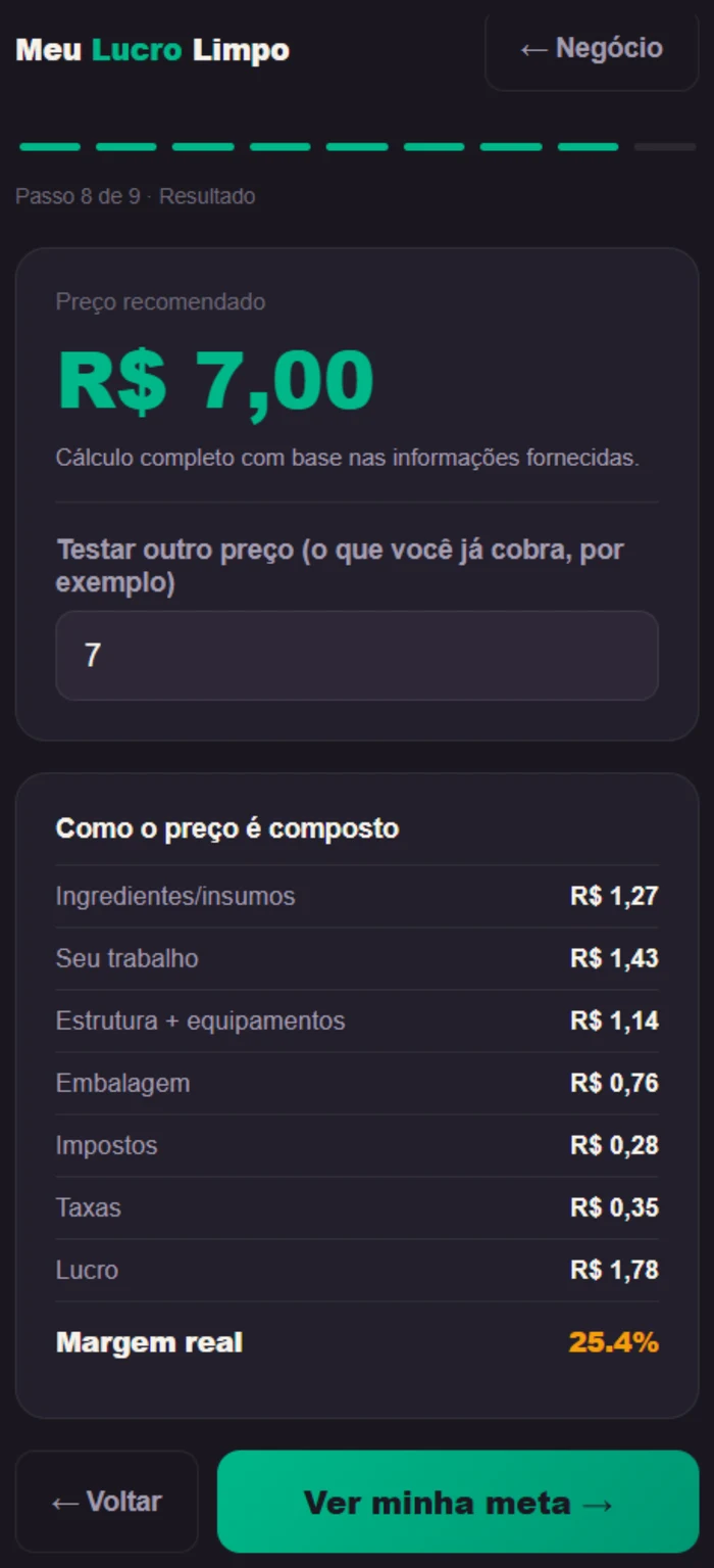 Tela de resultado do Meu Lucro Limpo no celular